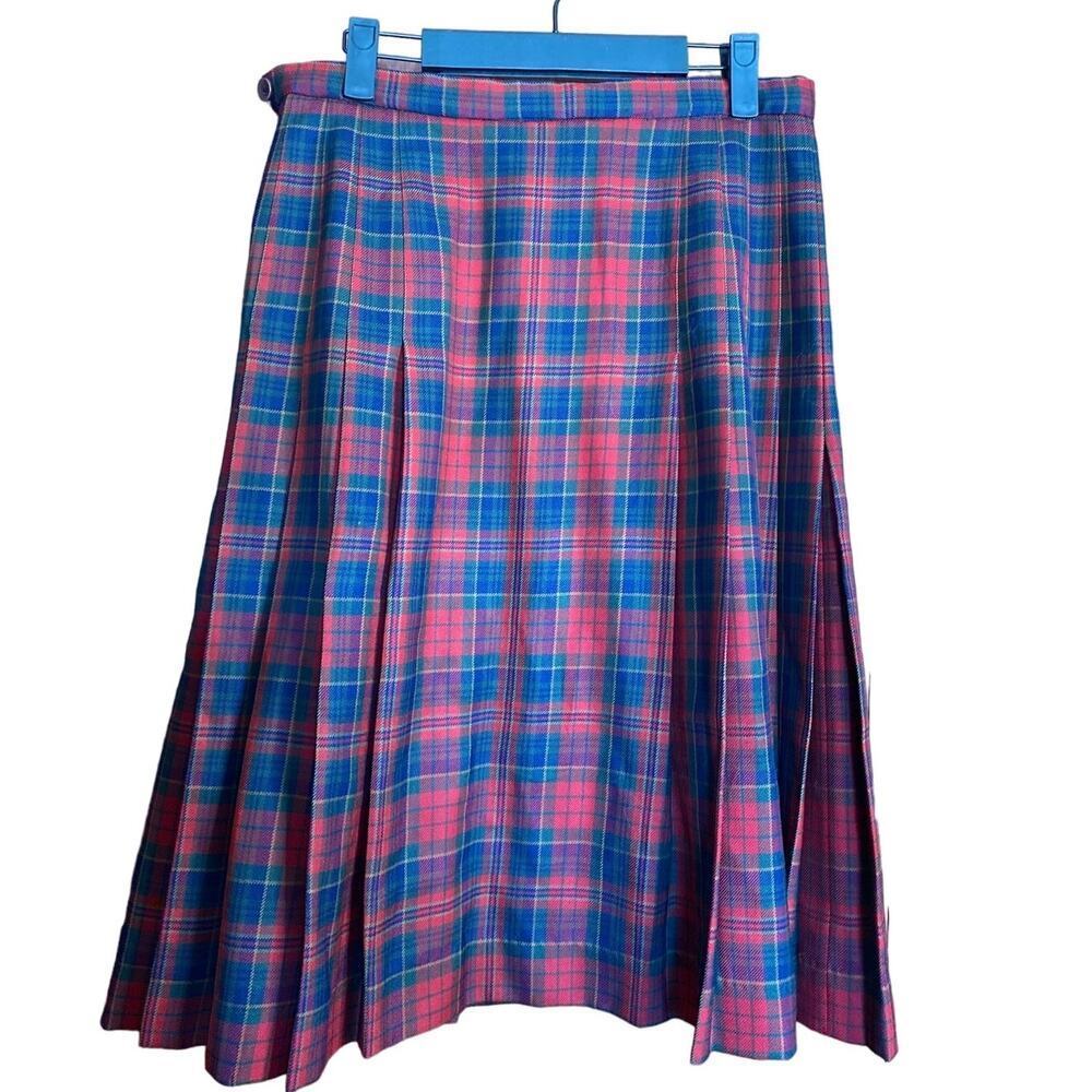 VTG Pendleton Red Navy Pleated Plaid Skirt 8 Wool
